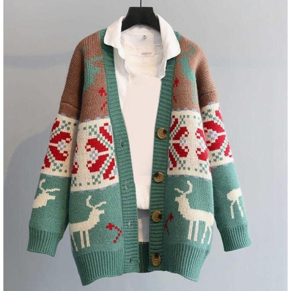 Ugly Christmas Knit Sweater M Retro Cardigan Reindeer Snowflake Cozy Winter Art - Picture 2 of 7